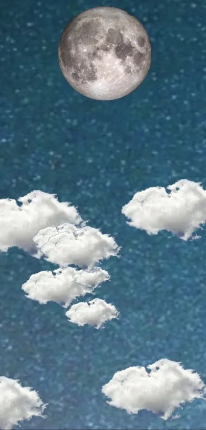 Moonlit sky with clouds and stars in deep blue background.