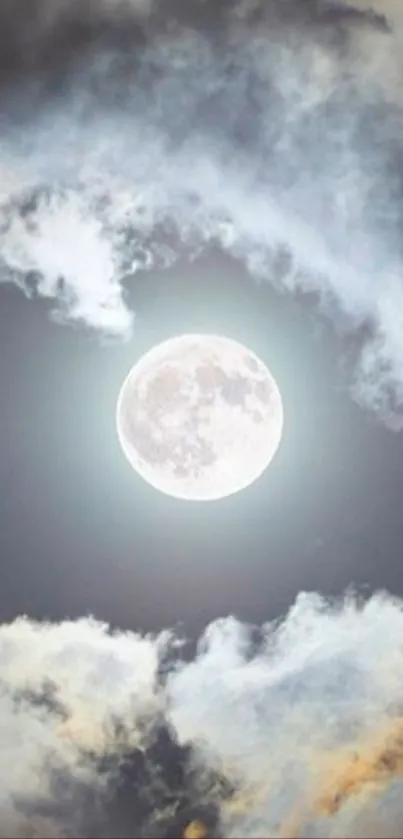 Moon shining through clouds on a dark night.