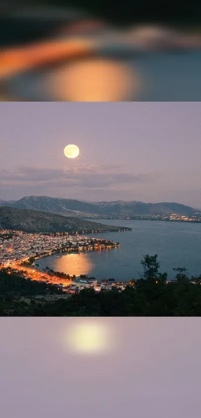 Moonlit coastal cityscape with glistening water and city lights in the distance.