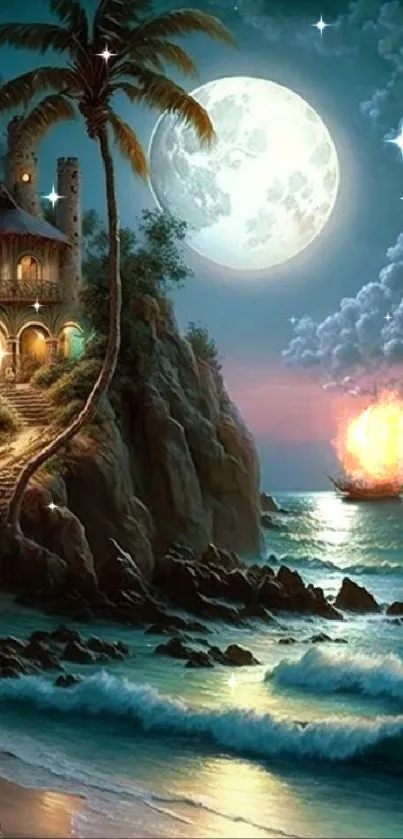 Moonlit coastal scene with cottage and sailboat.