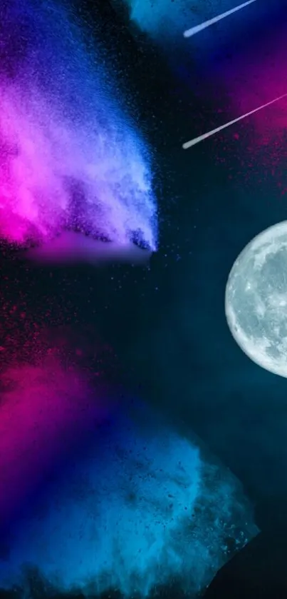 Vibrant mobile wallpaper with moon, cosmic clouds, and colorful sky.