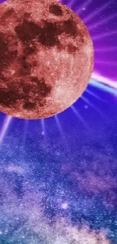 Fantasy cosmic wallpaper with moon and galaxy for mobile phones.