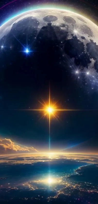 Mobile wallpaper of a moonlit cosmic horizon with stars and the earth.