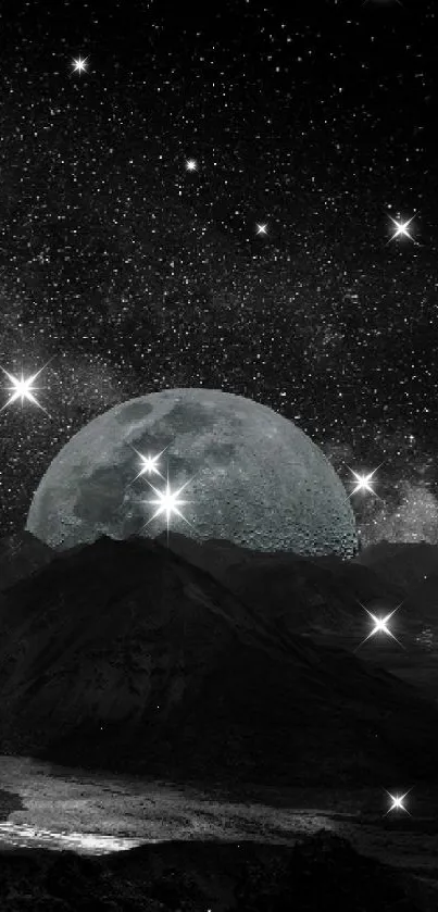 Moonlit cosmic scene with stars and planets in a night sky landscape.