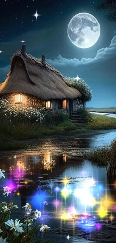 Moonlit cottage by a river under a starry night sky.