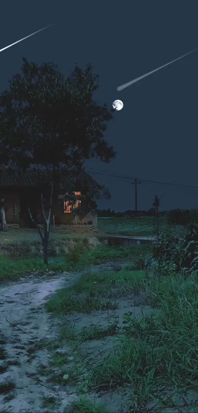 Peaceful moonlit country night with a quaint house and shooting stars.