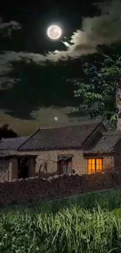 Moonlit countryside night with a glowing house.