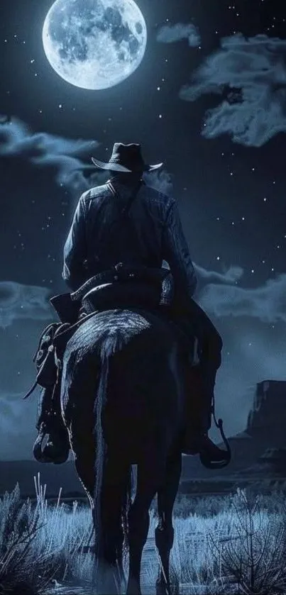 Cowboy riding under a bright full moon in a nightscape.