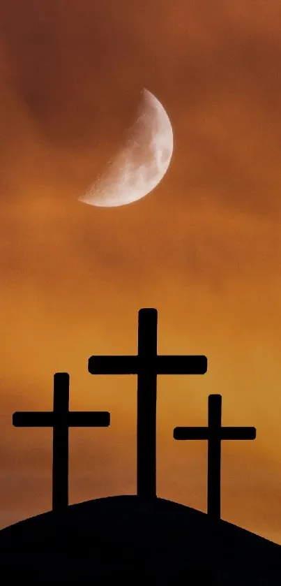 Three crosses silhouetted against an amber sky with a half-moon.