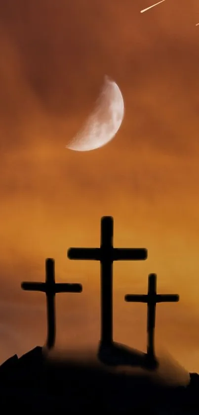 Silhouetted crosses under a glowing moon and orange sky.