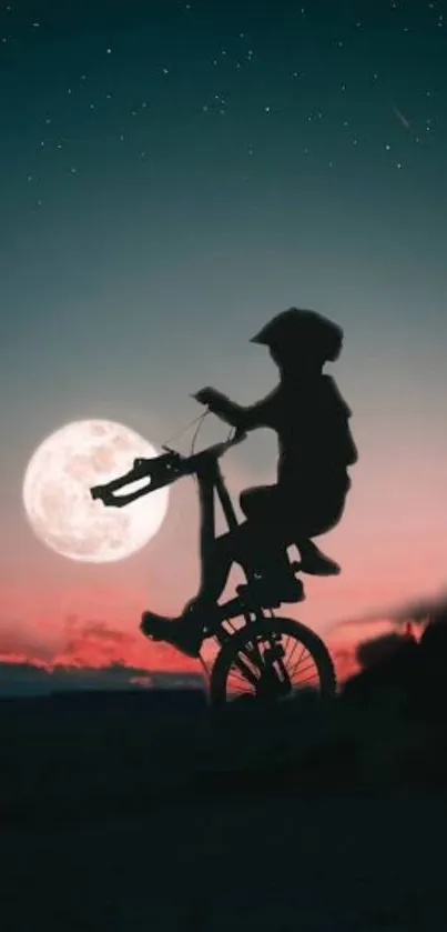 Silhouette of cyclist under moonlit sky with stars and pink horizon.