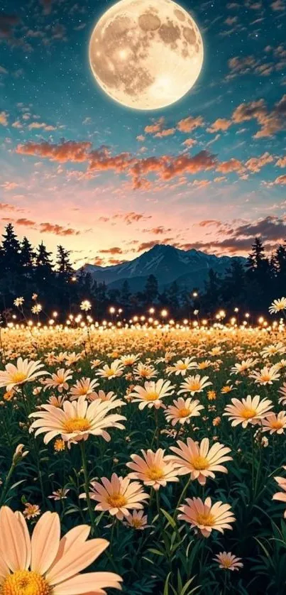 A scenic view of daisies under a full moon in a tranquil landscape.