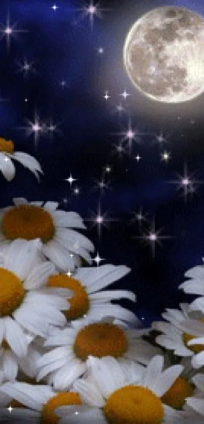 Moonlit sky with daisies and shining stars under a glowing full moon.