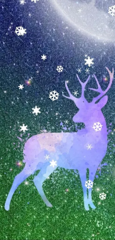 Purple deer in moonlit snowflake scene wallpaper.