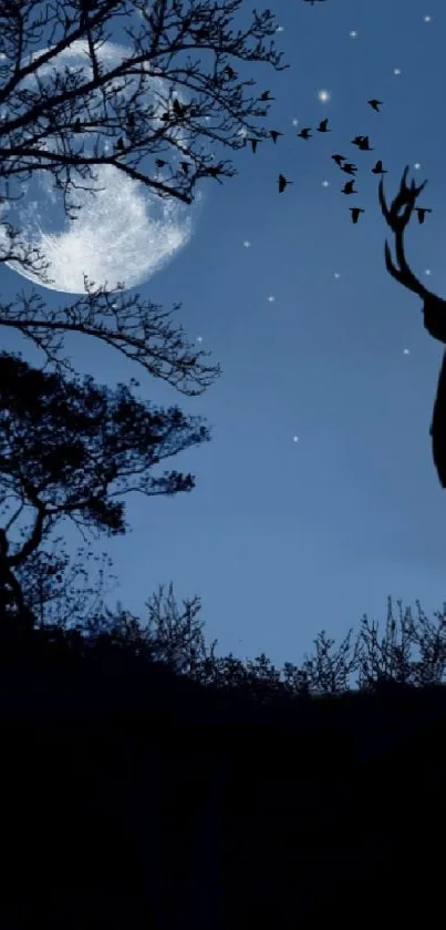 Silhouette of deer against a moonlit night sky with stars.