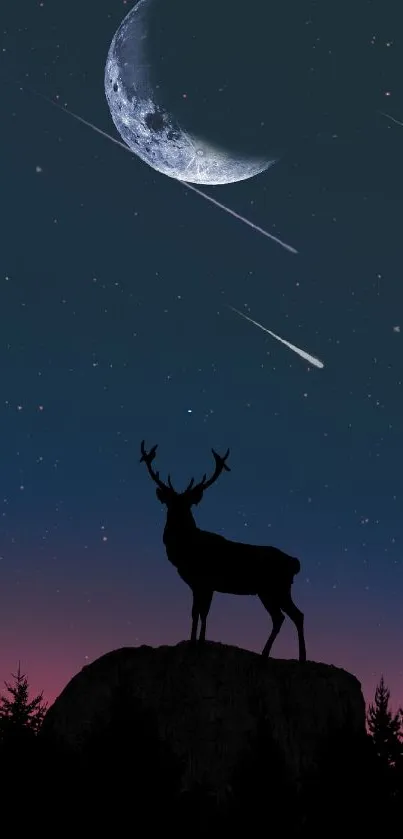 Silhouette of a deer under a moonlit night sky with shooting stars.