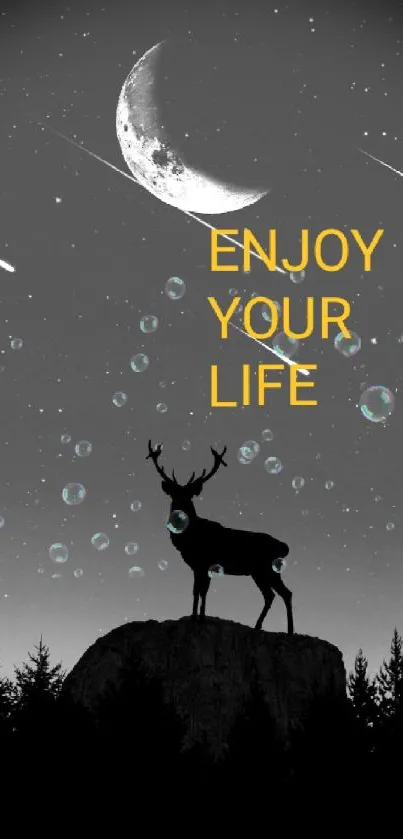 Deer silhouette with moon and inspiring text on a starry night wallpaper.