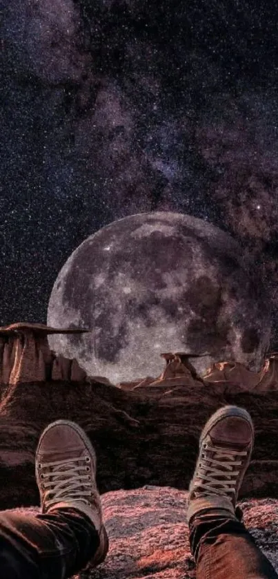 Night desert wallpaper with moon and galaxy in the background.