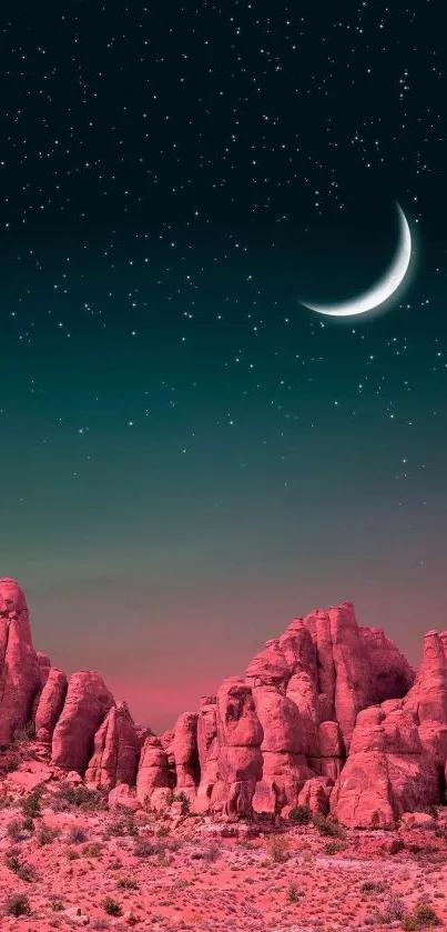 Pink rocks under a moonlit night sky in the desert.