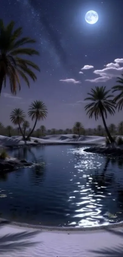 Moonlit desert oasis with palm trees and reflective water.