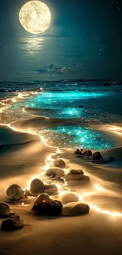 Moonlit desert path with glowing sands and turquoise stream.