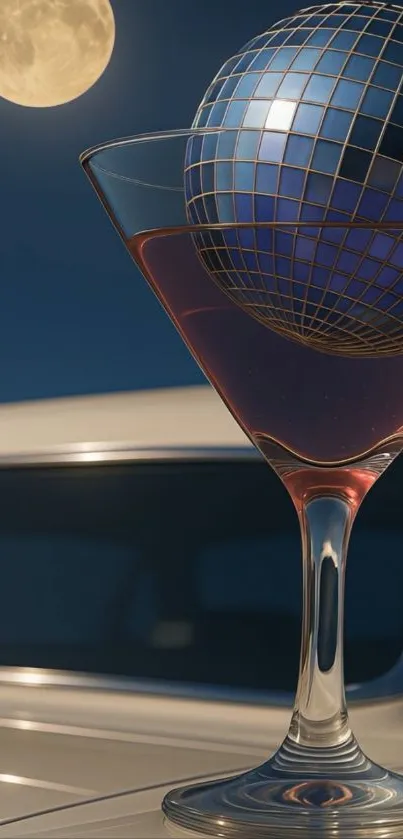 Martini glass with disco ball by moonlit car.