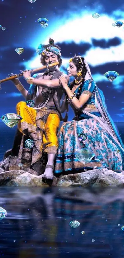 Divine couple under moonlit sky by water.