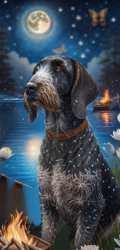 Dog by a moonlit lake with flowers and campfire.