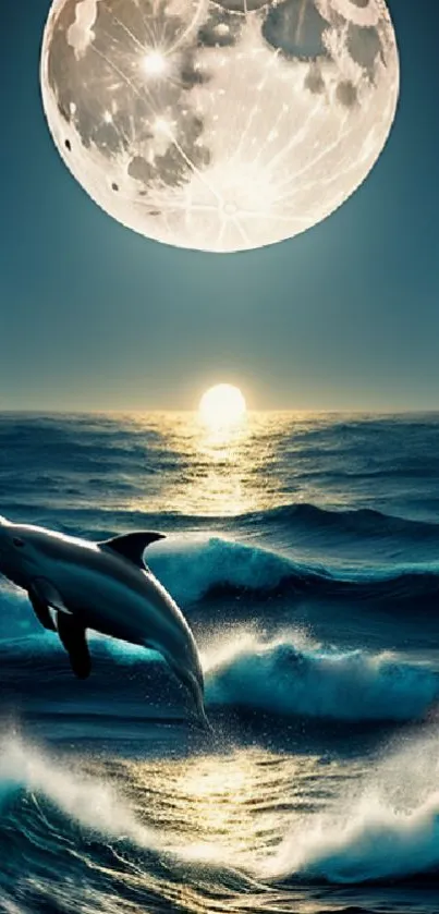 Dolphin leaping in moonlit ocean with a glowing full moon above.