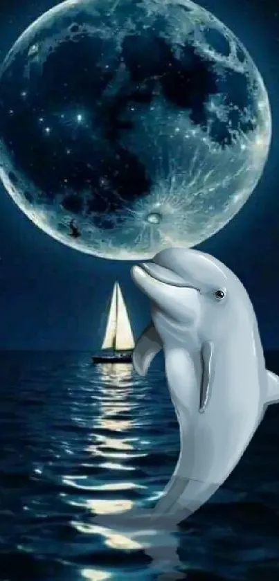 Dolphin leaping under a glowing moonlit night sky with a sailboat.