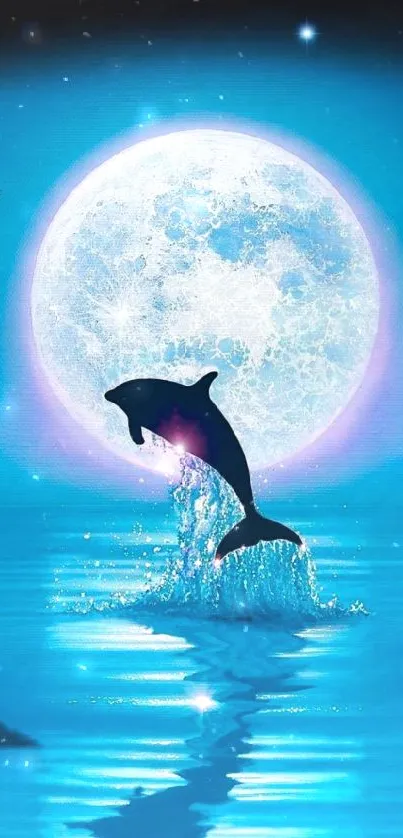 Dolphin leaping under a glowing full moon.