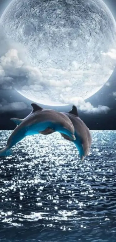 Dolphins jumping under a full moon, shimmering sea in background.