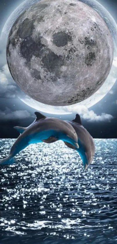 Dolphins jumping under a large moon over a shimmering ocean at night.