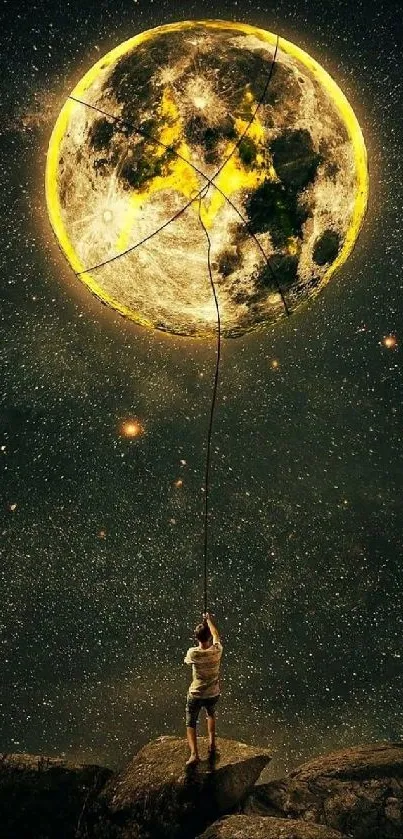 Person pulling a large glowing moon in a starry night sky scene.