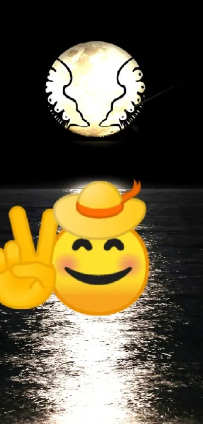 Moonlit reflection with smiling peace emoji on water.