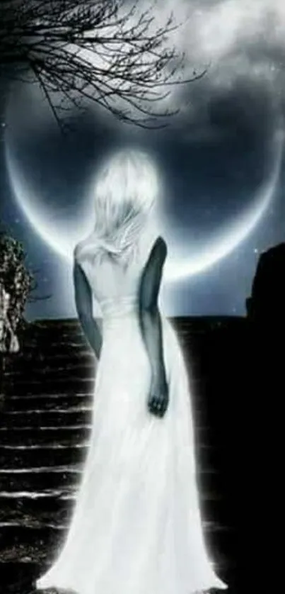 Mysterious figure in moonlit landscape wallpaper.