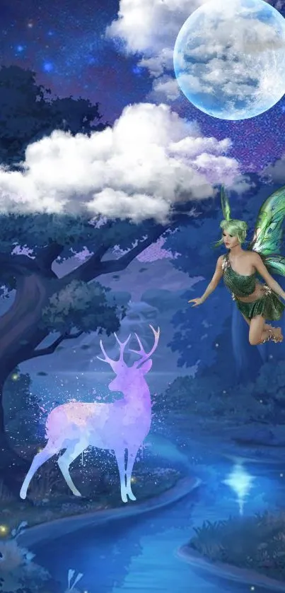 Fairy flying over colorful deer in a moonlit forest.