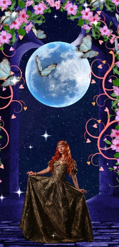 Fantasy scene with a moonlit sky, fairy, and flowers.