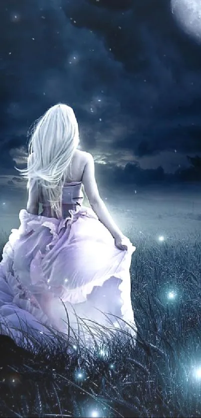 Woman in a flowing dress under a moonlit sky with glowing fireflies.