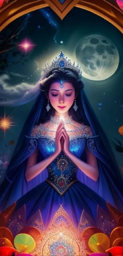 Fantasy artwork with moonlit woman in intricate attire against a celestial backdrop.