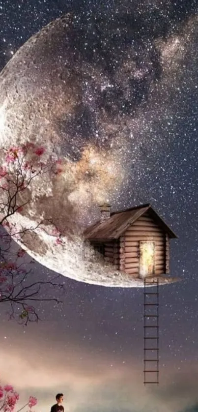 Fantasy nightscape with a cottage on a crescent moon under starry sky.