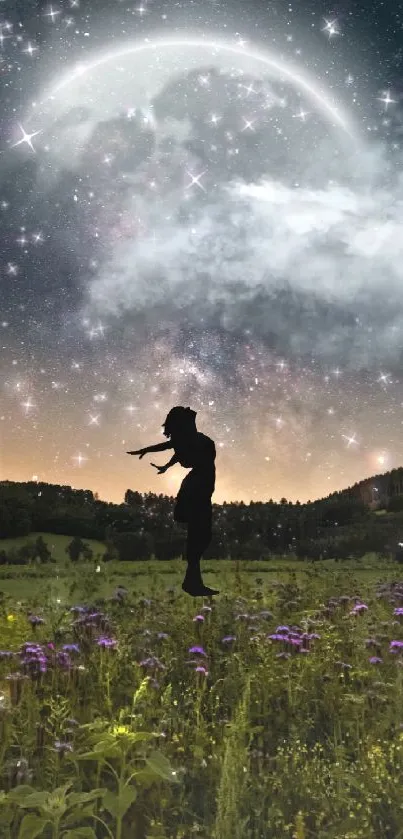 Silhouette in moonlit field with starry sky and wildflowers.