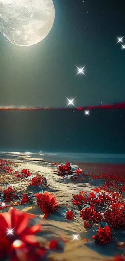 Moonlit beach with red flowers in a serene fantasy landscape.