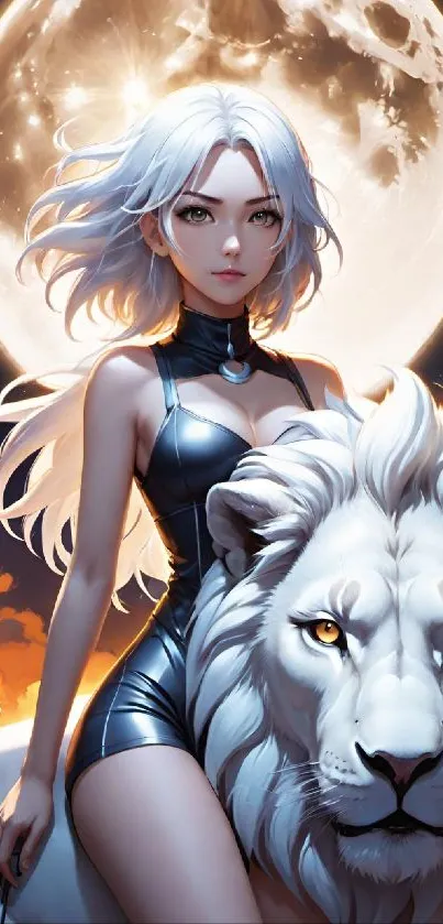 Character with a white lion under a full moon.