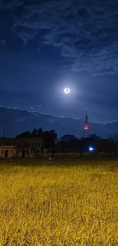 Night field under moonlit sky with city lights in the distance.