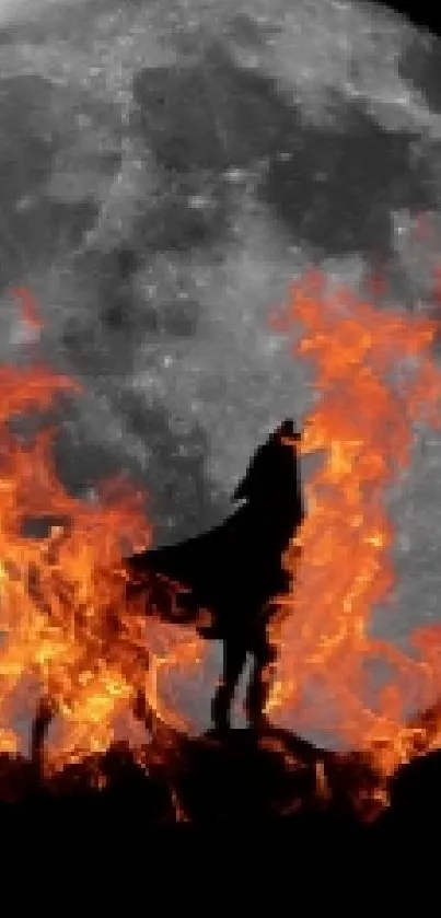 Silhouette against a fiery scene with a full moon backdrop, creating a dark aesthetic.