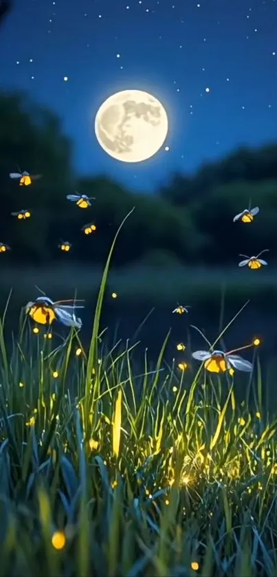 Moonlit meadow with glowing fireflies and a bright full moon.