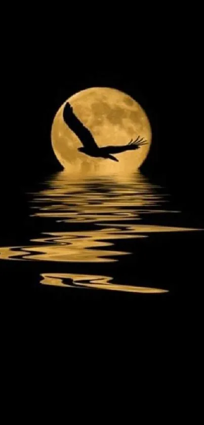 Silhouette of a bird flying over a reflective moonlit lake at night.