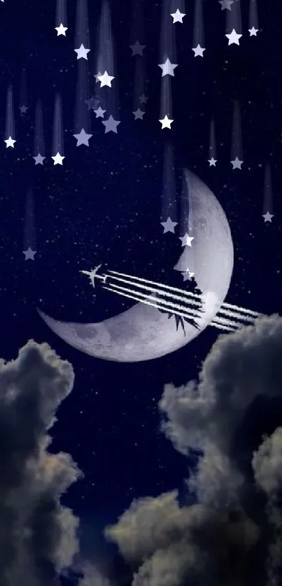 Airplane flying across a crescent moon on a starry night sky wallpaper.