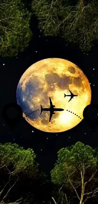 Moonlit night wallpaper with airplanes and trees.